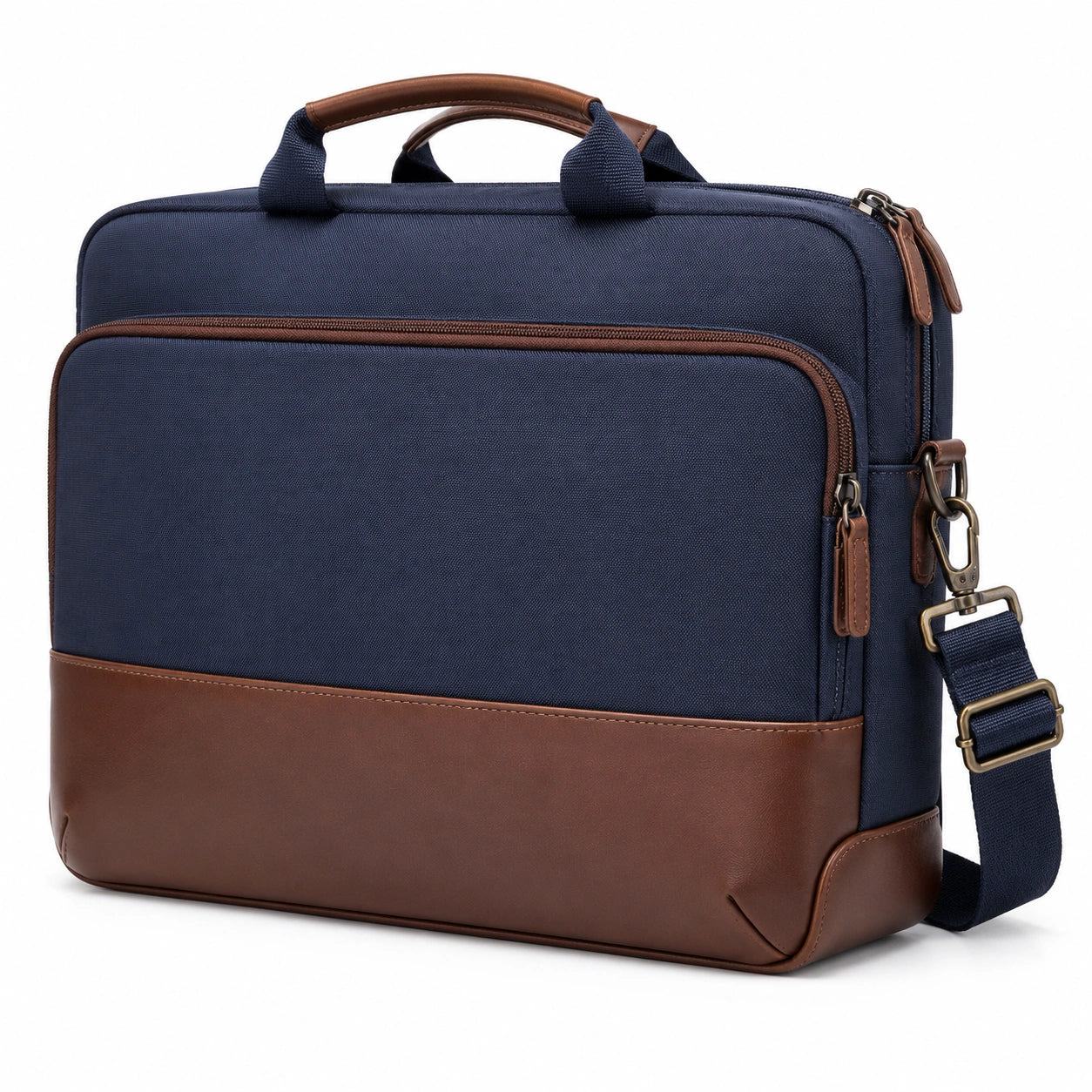 Laptoptasche 15.6 Zoll aus Textil und Kunstleder in Dunkelblau Braun mit Schultergurt