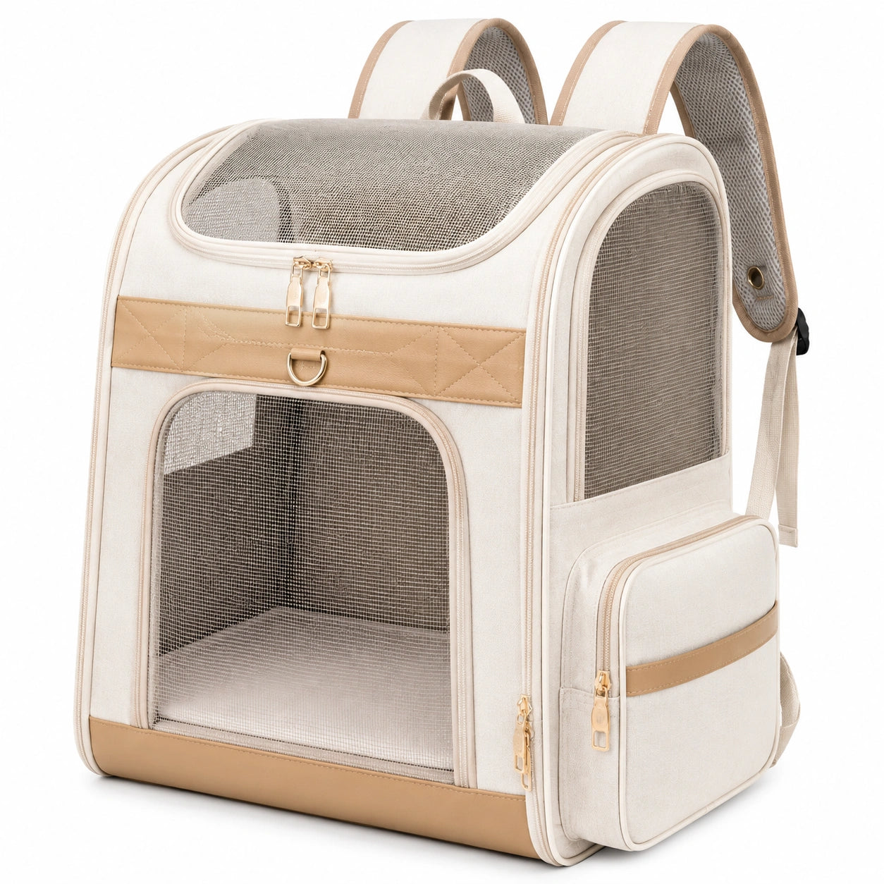 Tiertransport-Rucksack 42 x 30 x 42 cm aus Textil Creme Beige mit Netzfenstern und Reißverschluss