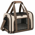 Haustier-Transporttasche 45 x 28 x 30 cm aus Polyester in Beige Braun mit Netzfenstern und Schultergurt