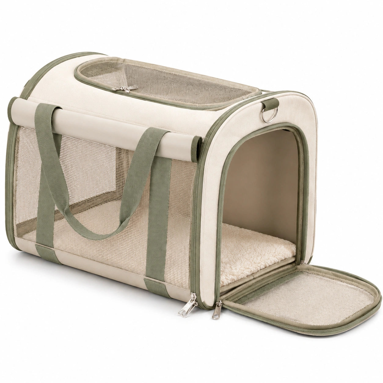Haustier-Transporttasche 45 x 28 x 28 cm aus Textil in Beige/Grün mit Netzfenstern