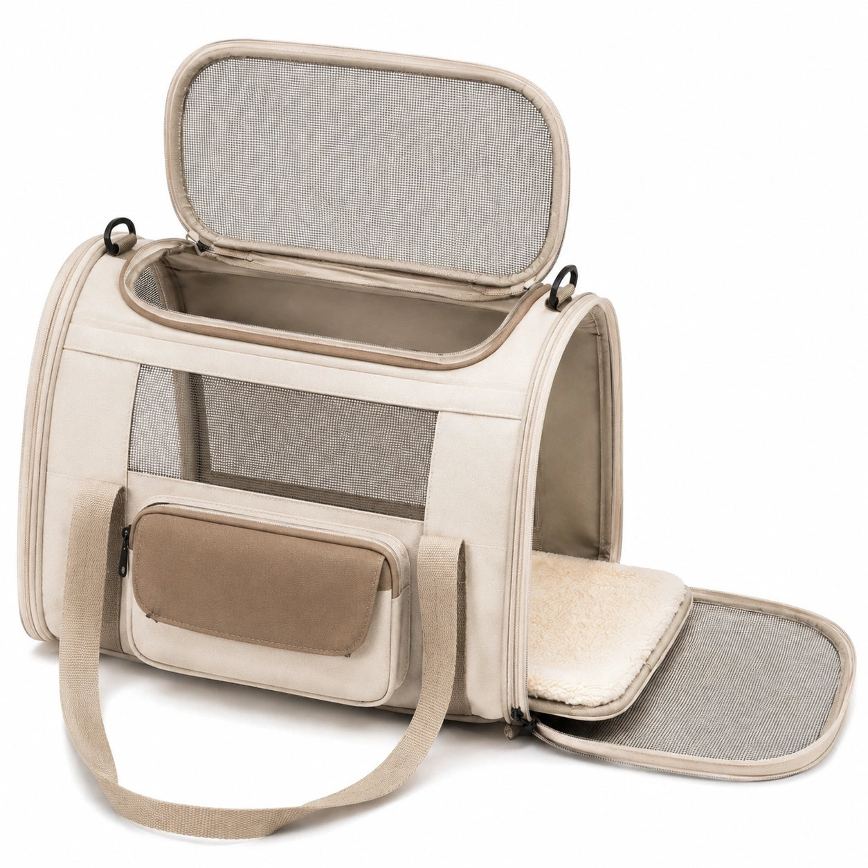 Haustier-Transporttasche 45 cm aus Textilgewebe in Beige mit Netzfenstern und Schultergurt