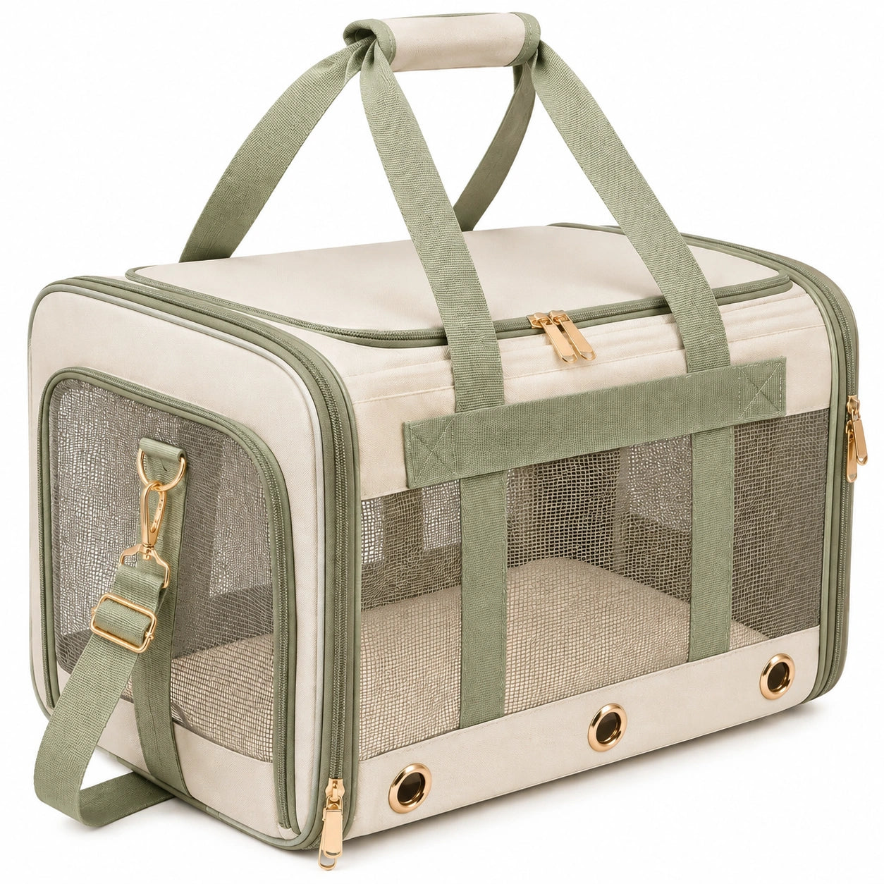 Haustier-Transporttasche 45 x 28 x 30 cm aus Polyester in Beige/Grün mit Netzfenstern für Reisen