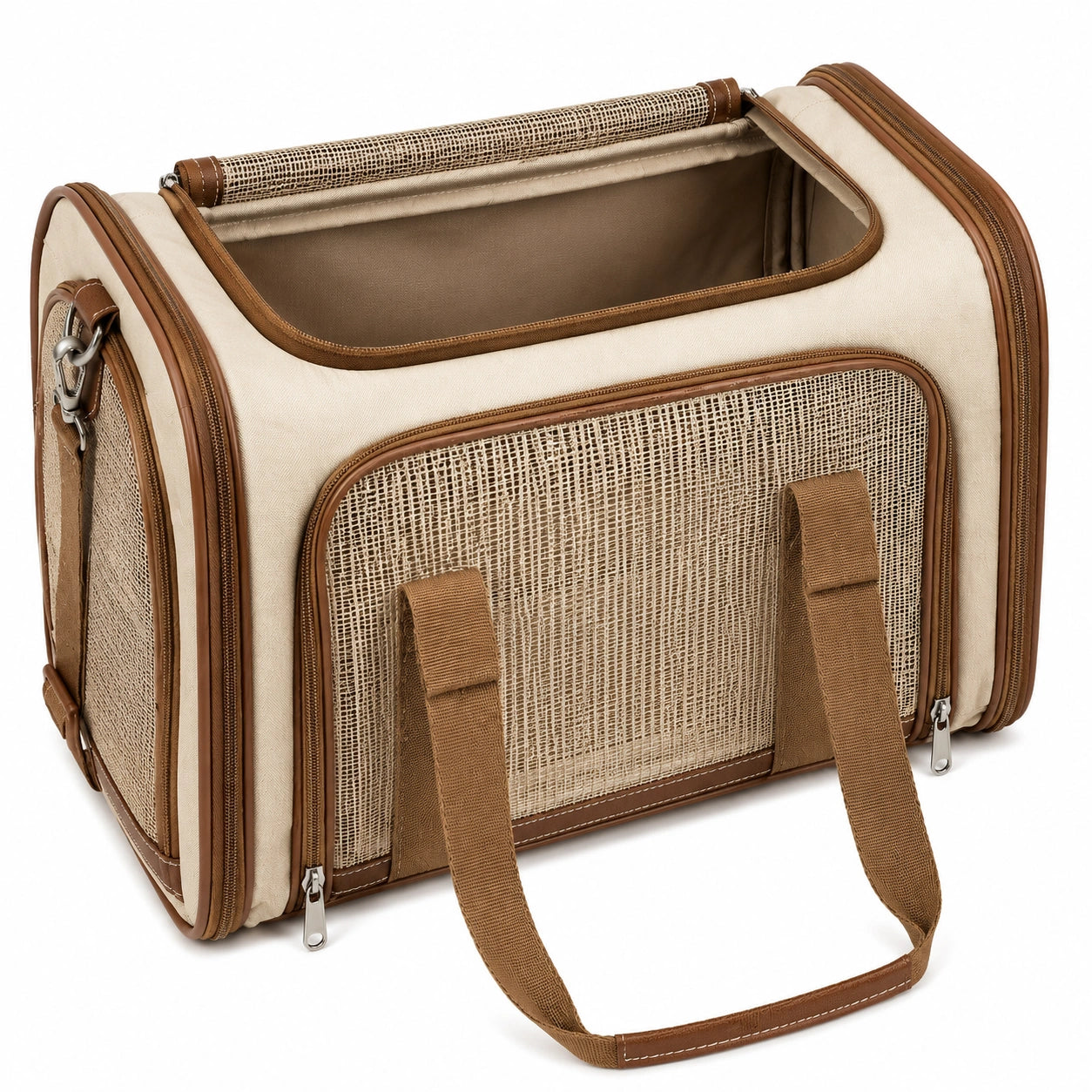 Haustier-Transporttasche 45 x 28 x 28 cm Textil Beige/Braun mit Netzfenstern und Tragegurten