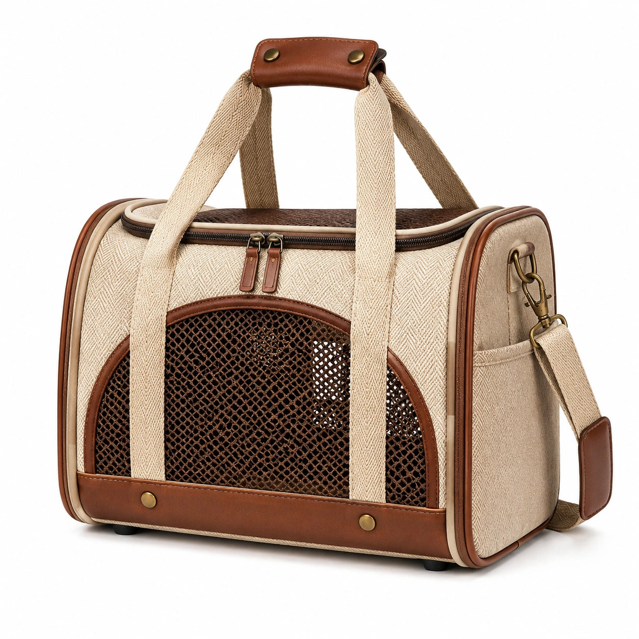 Haustier Transporttasche 45 x 28 x 30 cm aus Textil in Beige Braun mit Netzfenster und Schultergurt