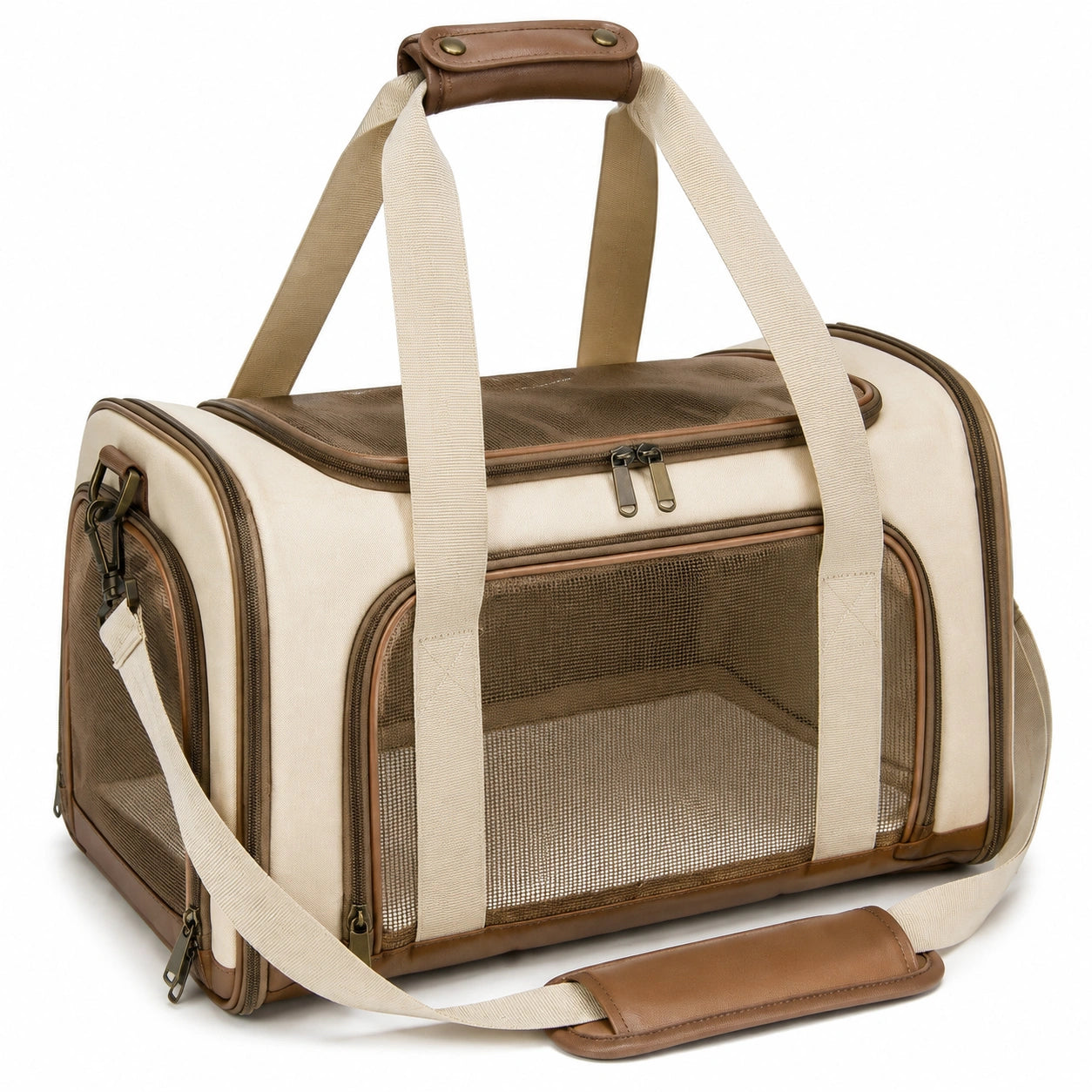 Haustier-Transporttasche 45 x 28 x 30 cm Textil beige/braun mit Netzfenstern und Schultergurt