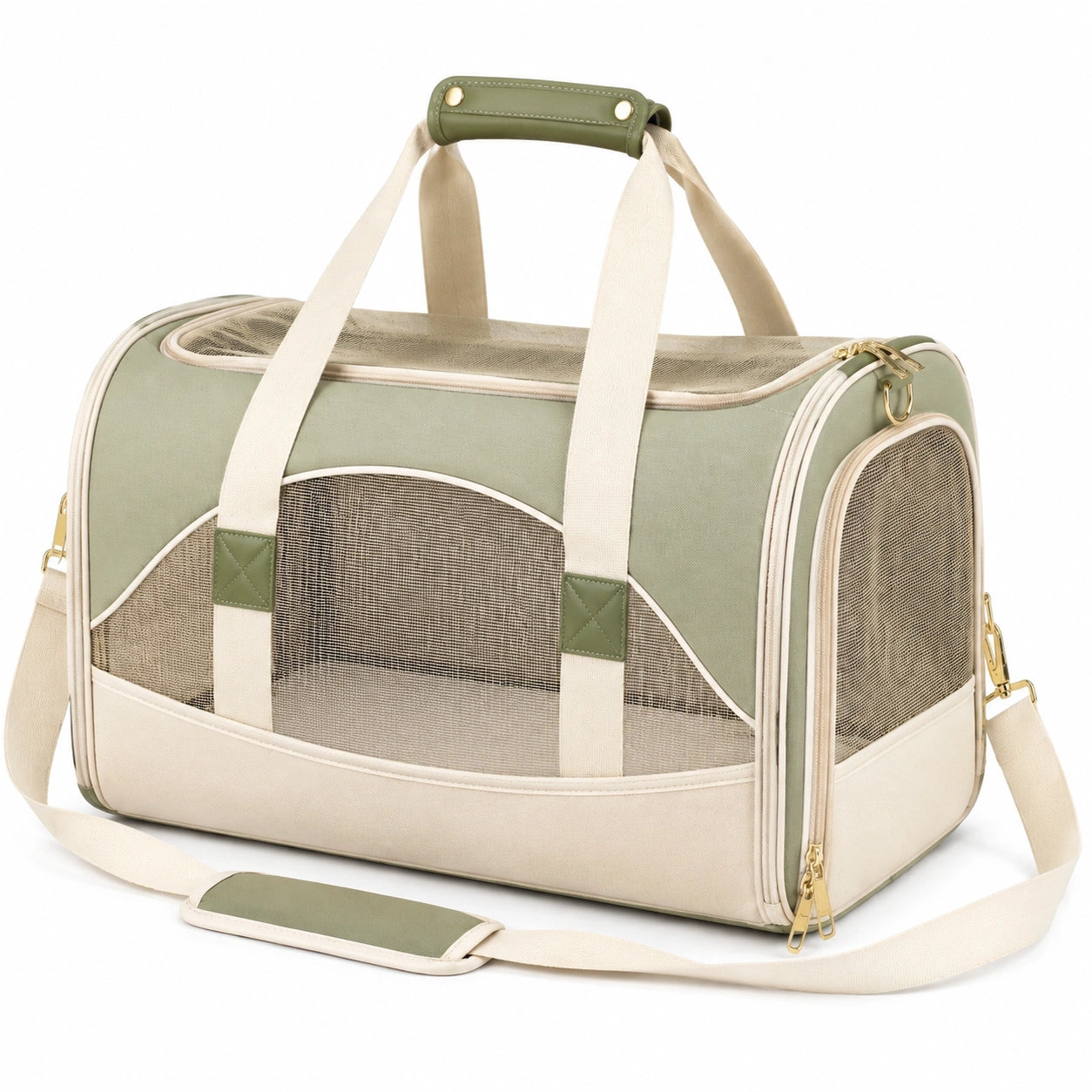Haustier-Transporttasche 45 x 30 x 30 cm aus Textil in Grün Beige mit Meshfenstern