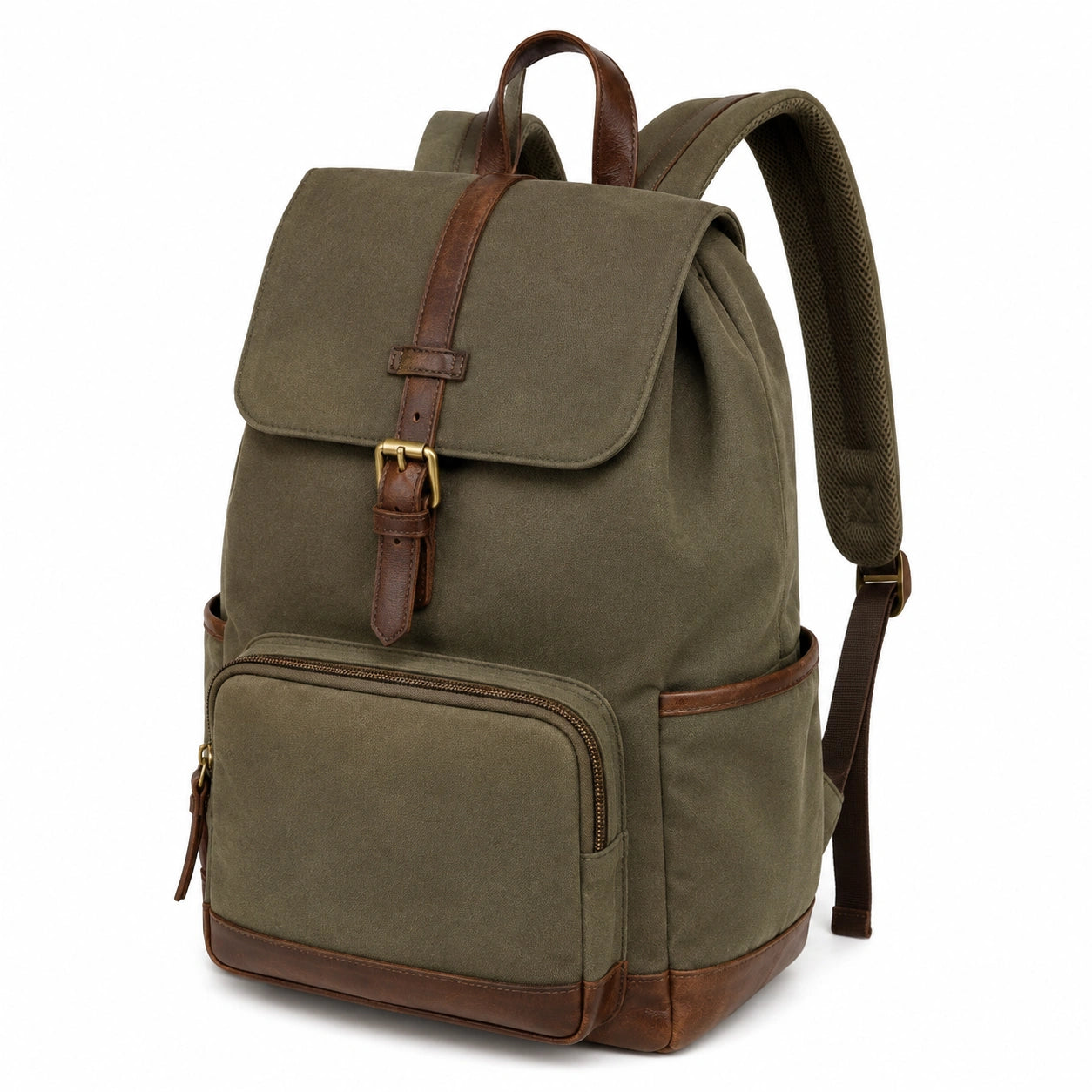 Rucksack 30 x 15 x 40 cm aus Canvas olivbraun mit Kunstlederbesatz für Alltag und Reisen
